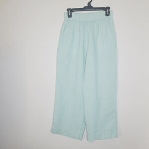 Tahari Pant Linen Wide Leg Cropped Small Light Green Beach Pullon Elastic Waist